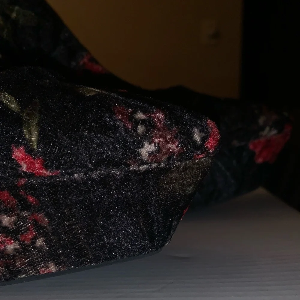Aldo Black Velvet Wedge Platforms with Red Floral Print